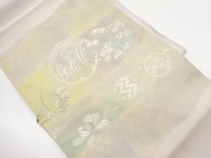 変わり横段に雪輪・草花・古典柄模様織出し名古屋帯